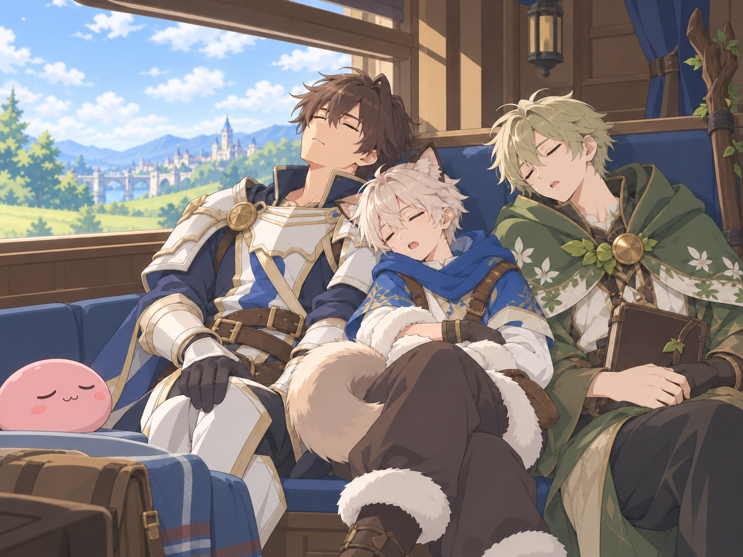 Three adventurers resting together in a sunlit carriage